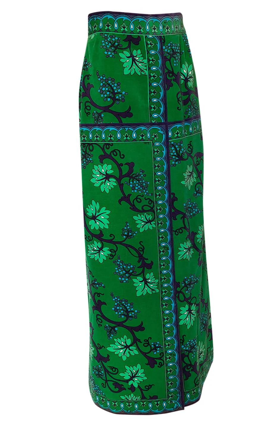 1960s Emilio Pucci Green Velvet Grape Vine Print Full Length Maxi Skirt