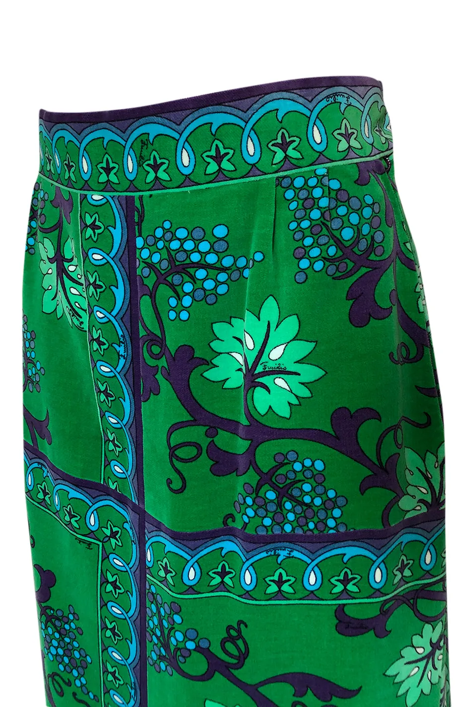 1960s Emilio Pucci Green Velvet Grape Vine Print Full Length Maxi Skirt