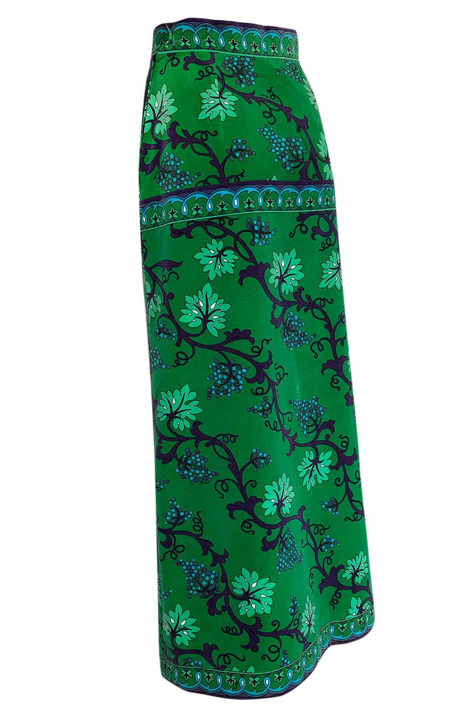 1960s Emilio Pucci Green Velvet Grape Vine Print Full Length Maxi Skirt