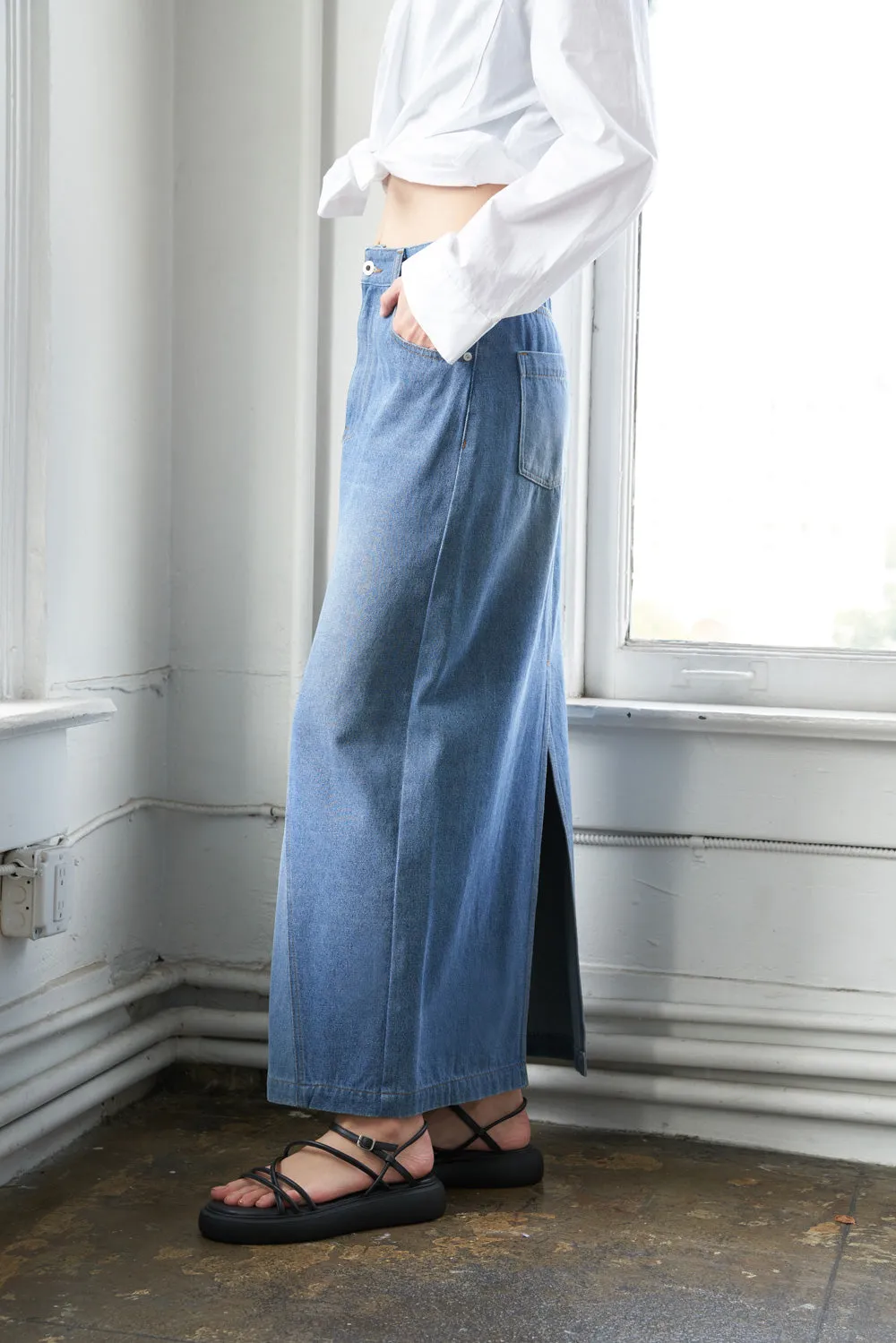 A LEAP OF FAITH MIDI DENIM SKIRT