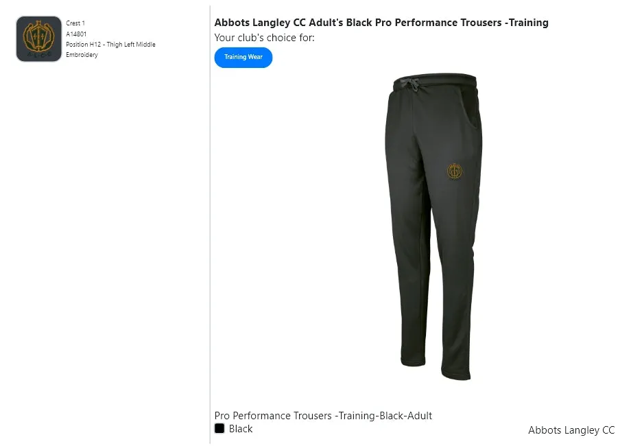 Abbots Langley CC  Adult's Black Pro Performance Trousers -Training