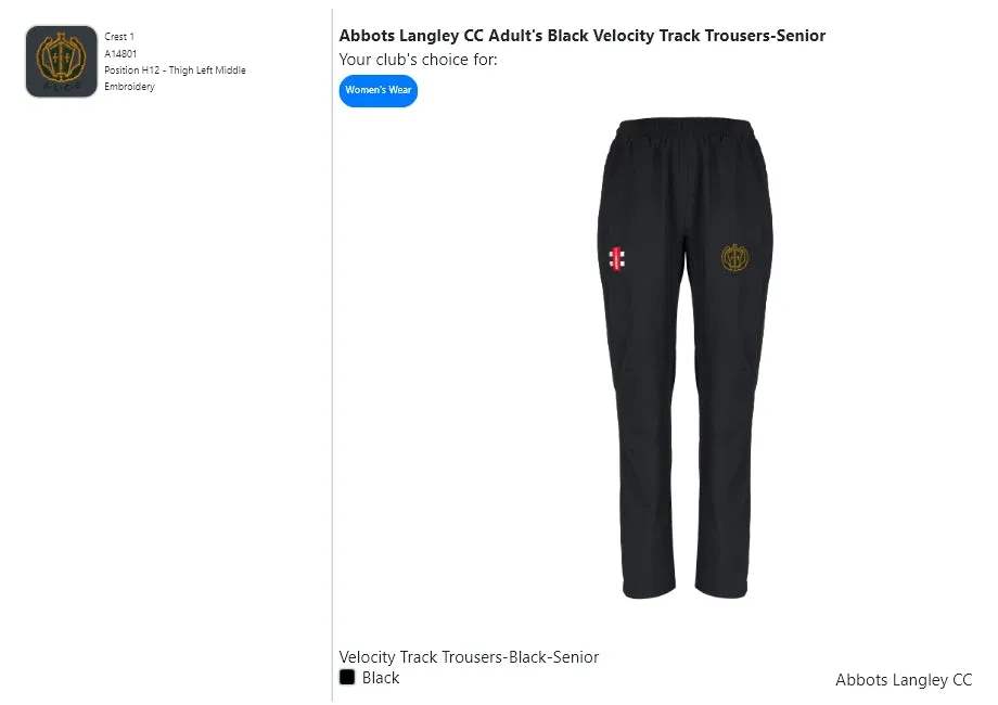 Abbots Langley CC  Adult's Black Velocity Track Trousers-Senior