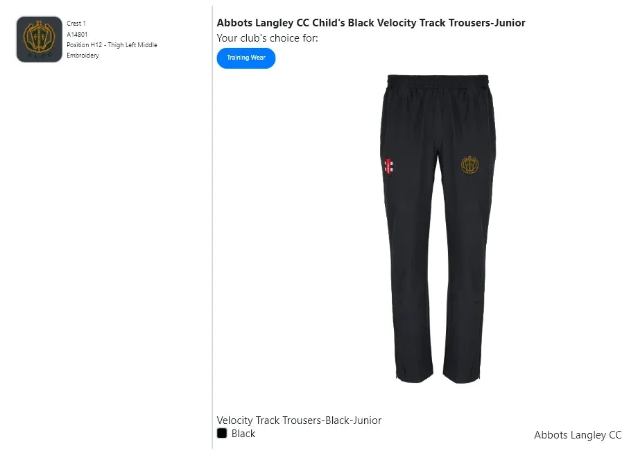 Abbots Langley CC  Child's Black Velocity Track Trousers-Junior