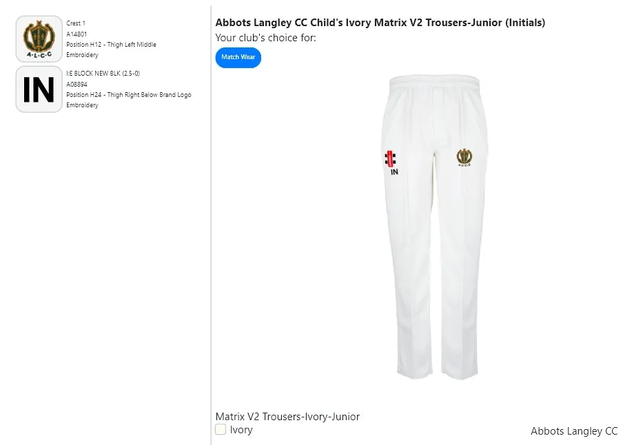 Abbots Langley CC  Child's Ivory Matrix V2 Trousers-Junior (Initials)