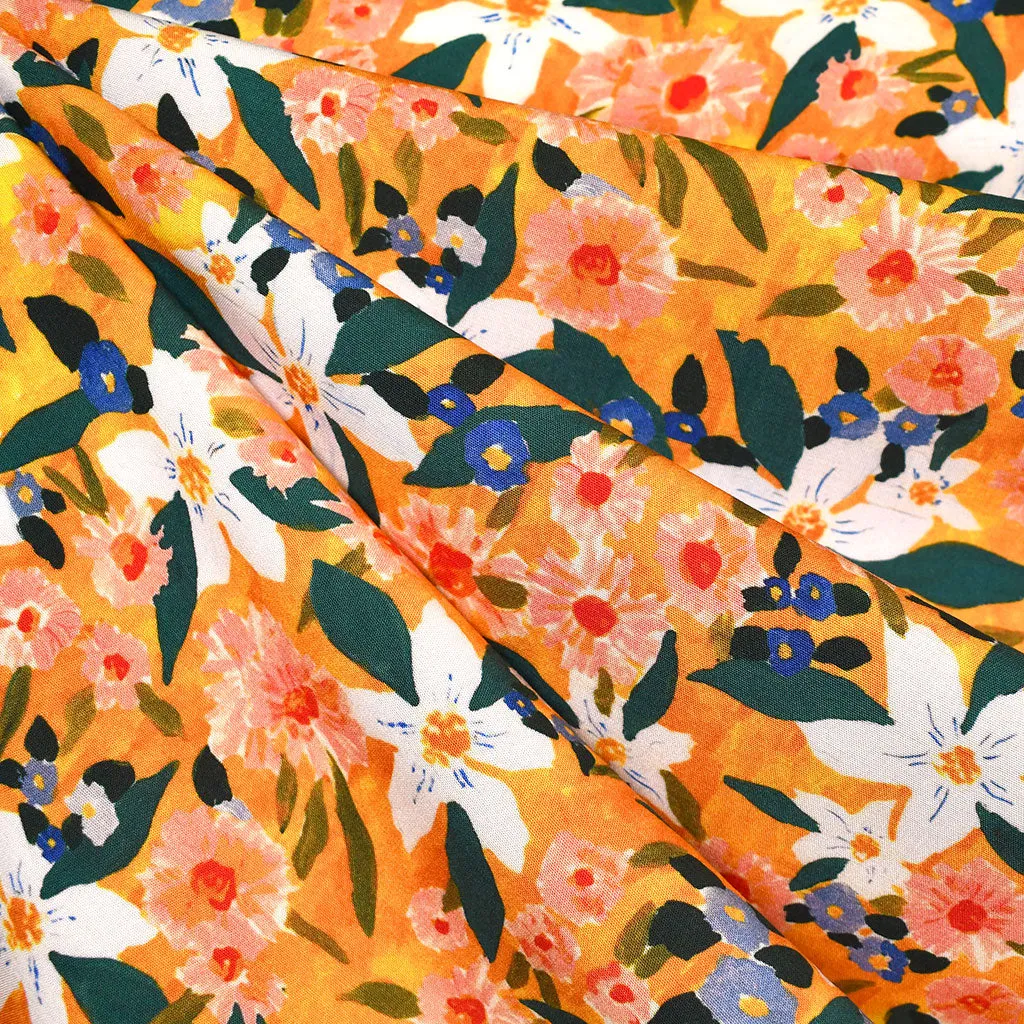 Abstract Floral Garden Stretch Rayon Poplin Apricot/Multi