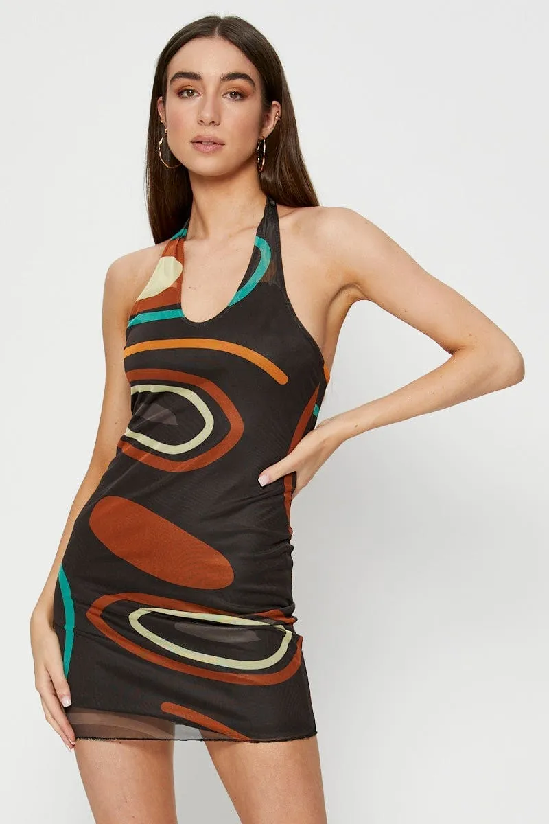 Abstract Print Bodycon Dress Mini Halter Neck