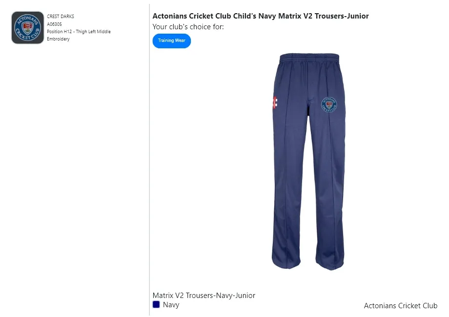 Actonians Cricket Club Child's Navy Matrix V2 Trousers-Junior