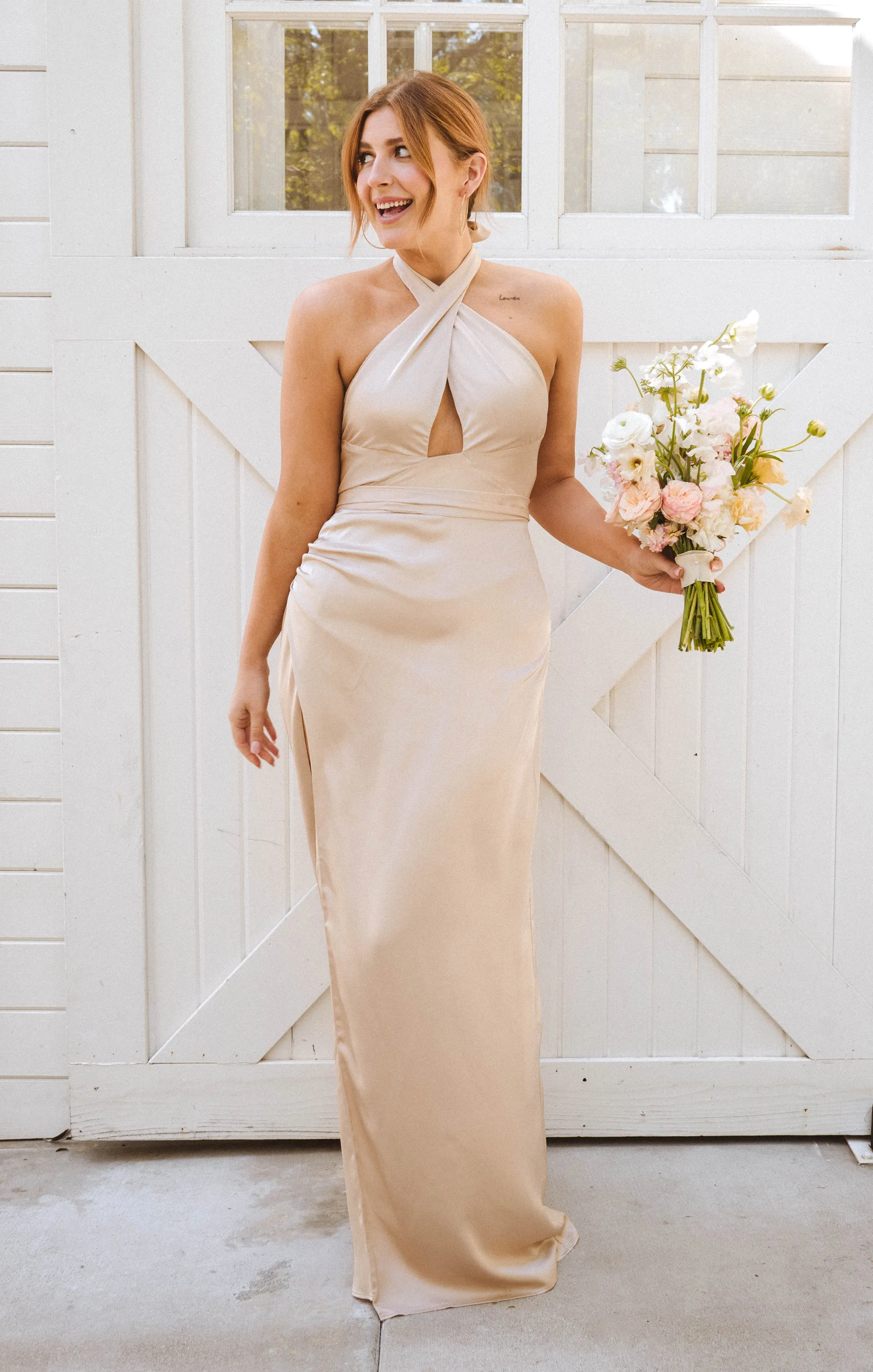 Adele Halter Maxi Dress ~ Champagne Luxe Satin