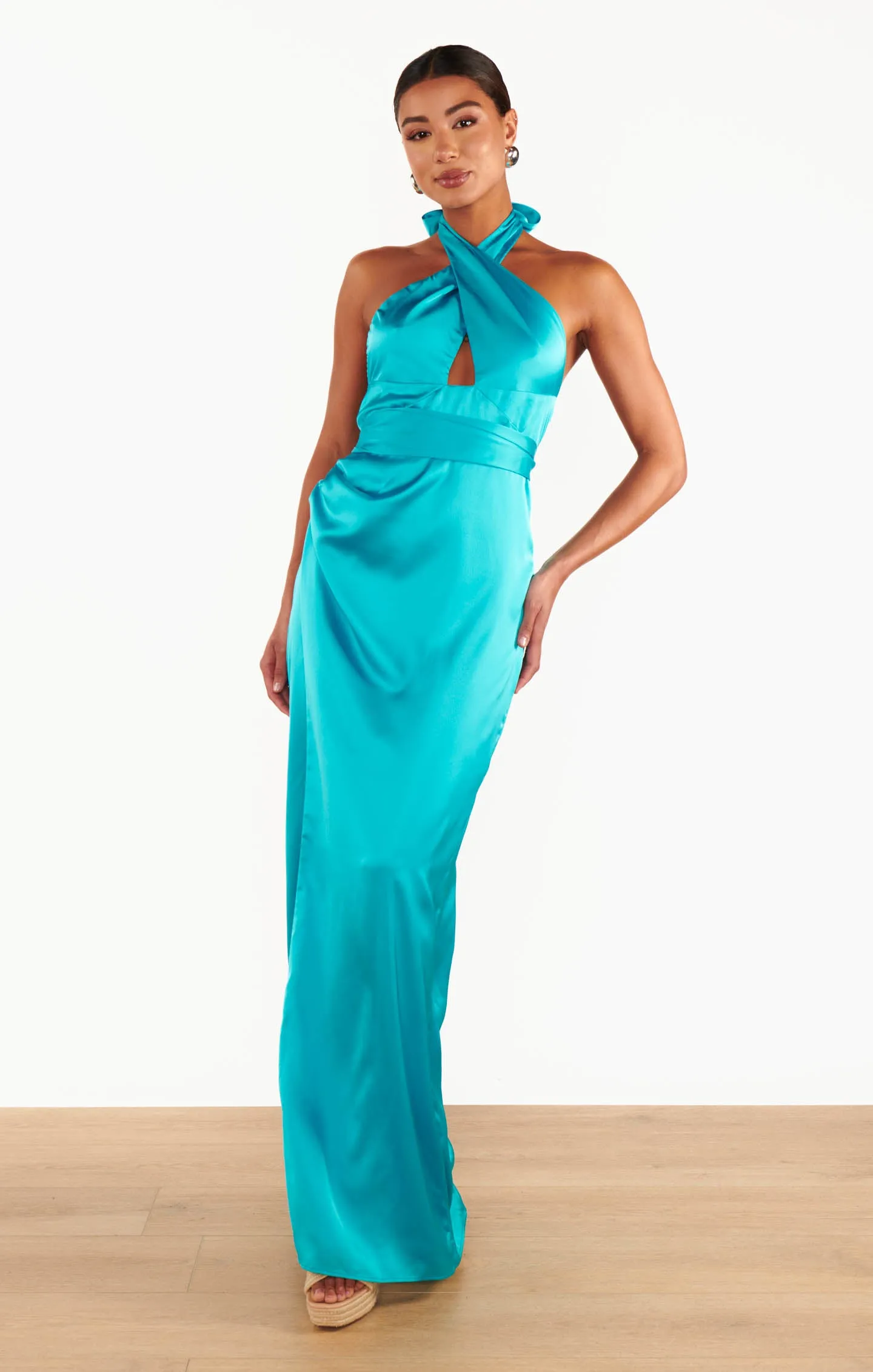 Adele Halter Maxi Dress ~ Teal Luxe Satin