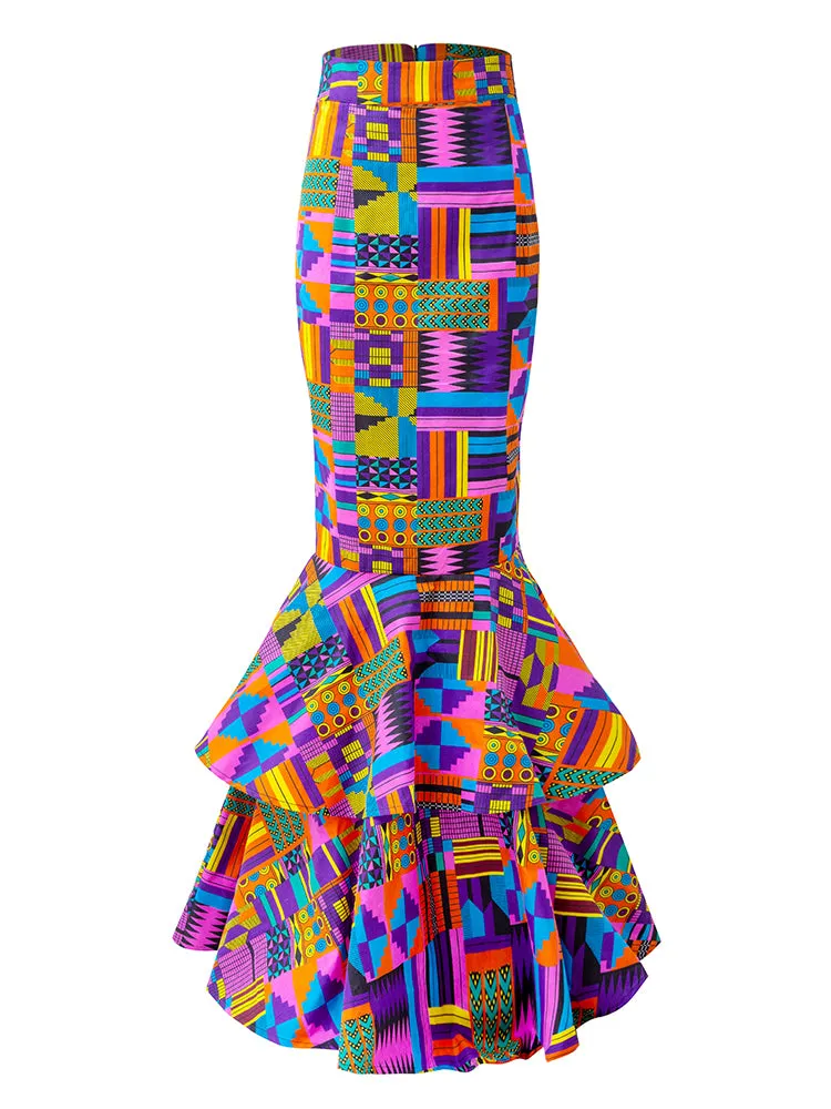 African Kente Print Maxi Skirt For Women