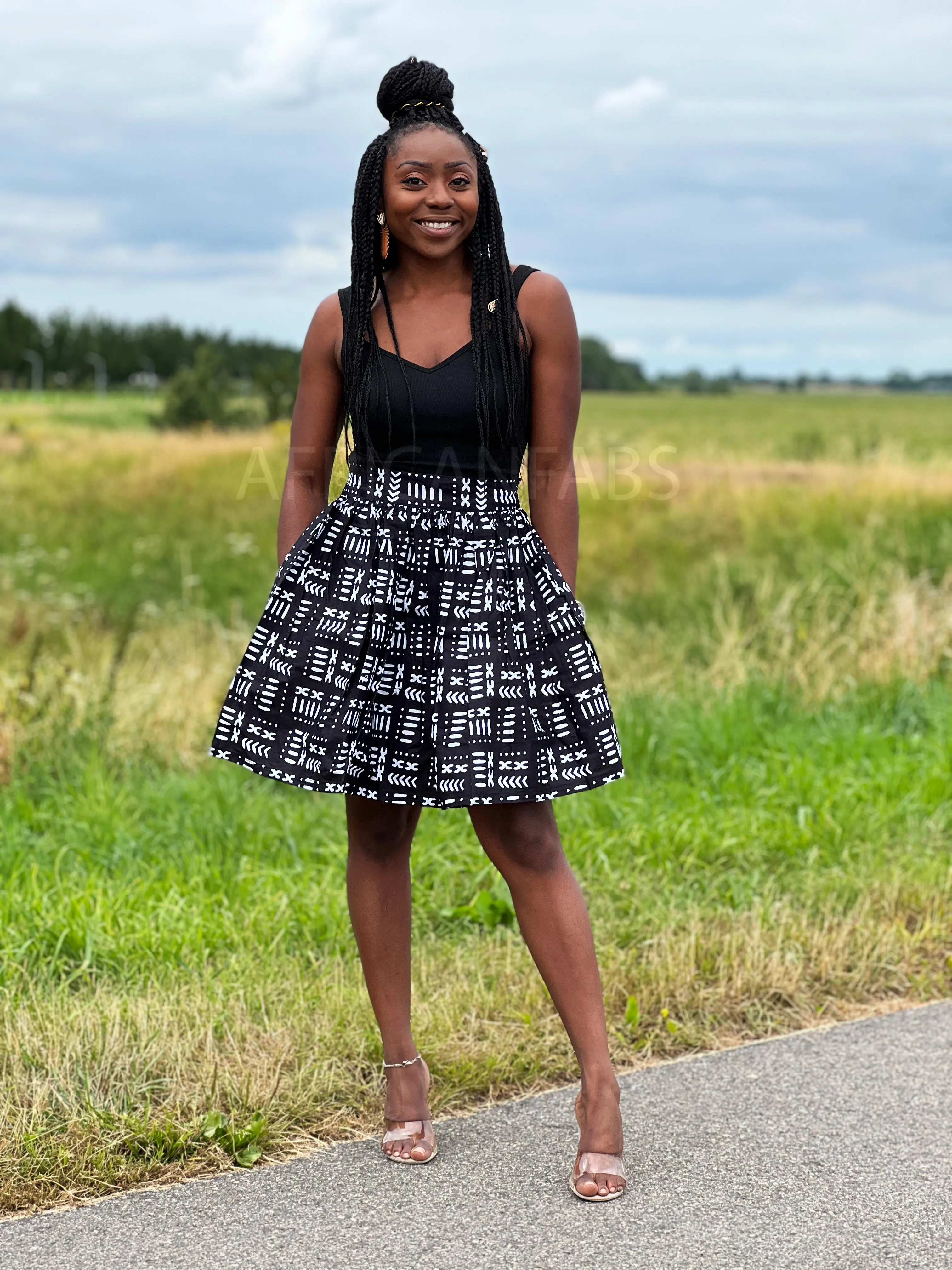 African print mini skirt - Black Bogolan / Mud cloth