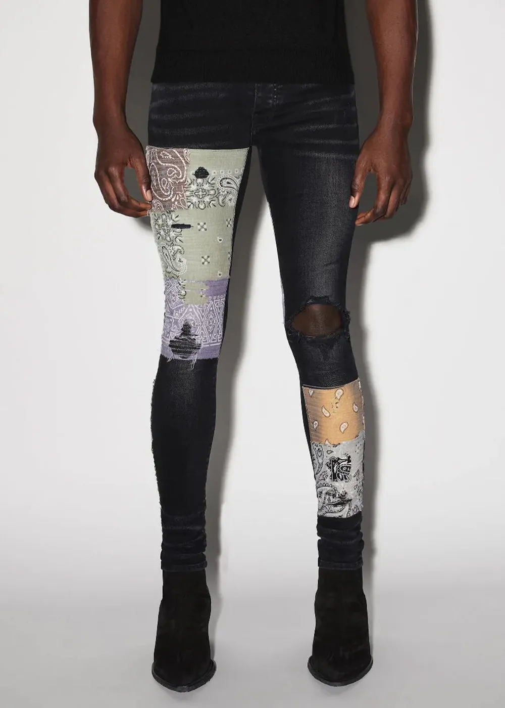 Aged Black Bandana Art Patch Jeans