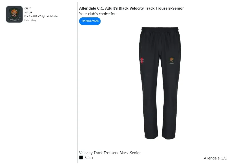 Allendale C.C. Adult's Black Velocity Track Trousers-Senior