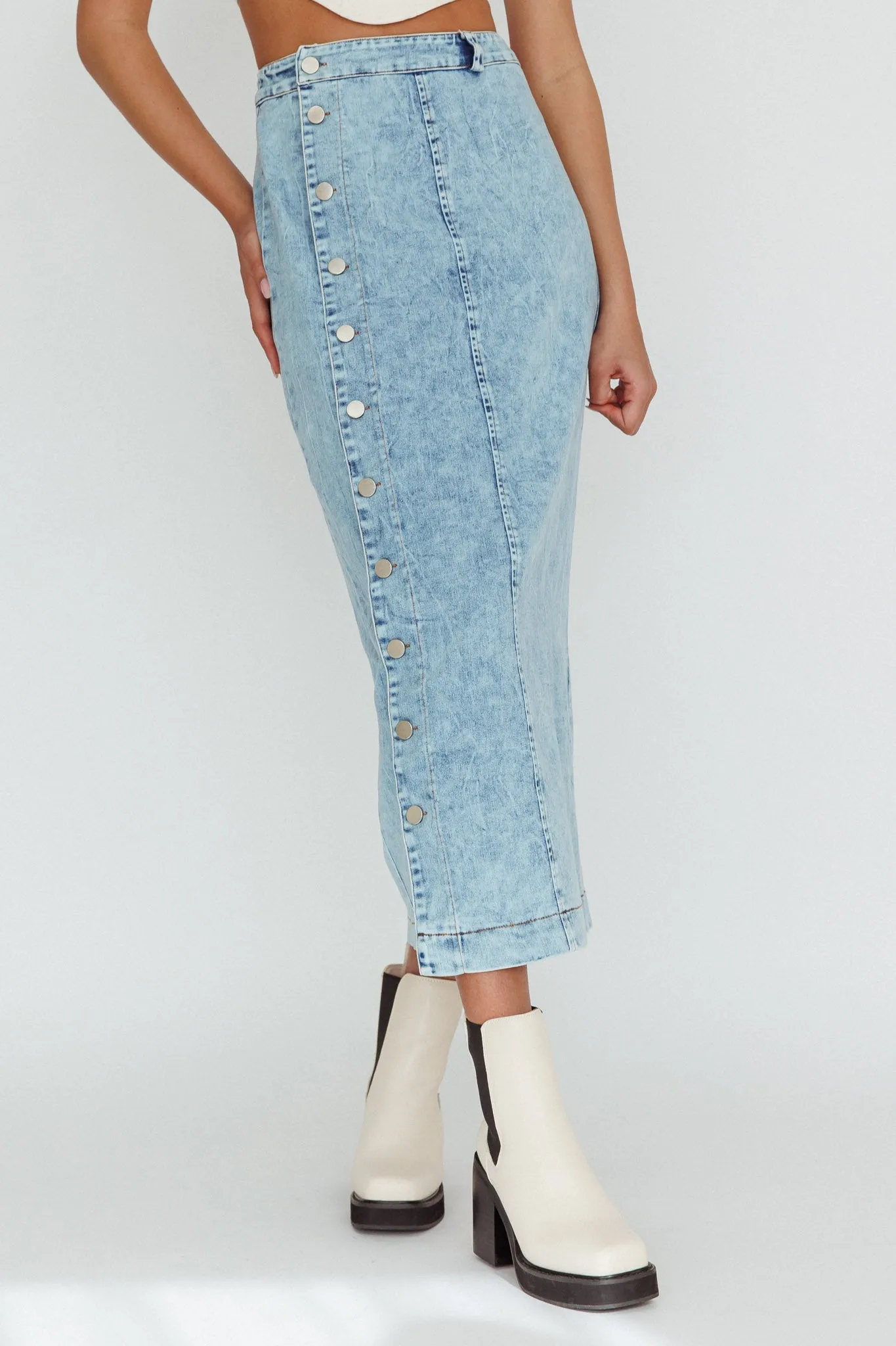 Angelica Side Button-Up Midi Skirt Denim