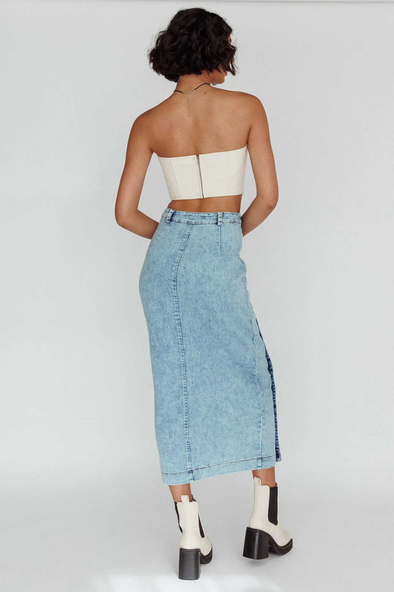 Angelica Side Button-Up Midi Skirt Denim