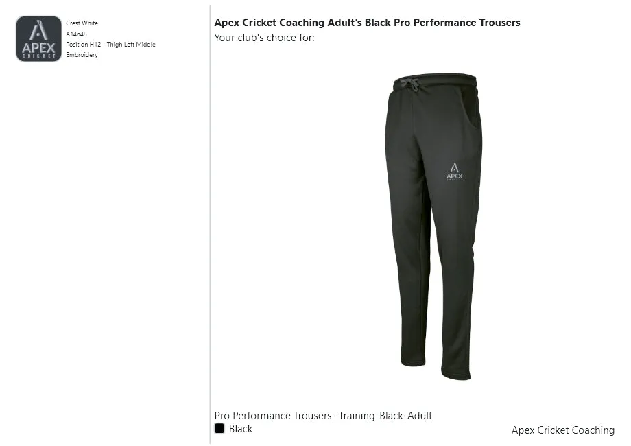 Apex Cricket Coaching Adult's Black Pro Performance Trousers