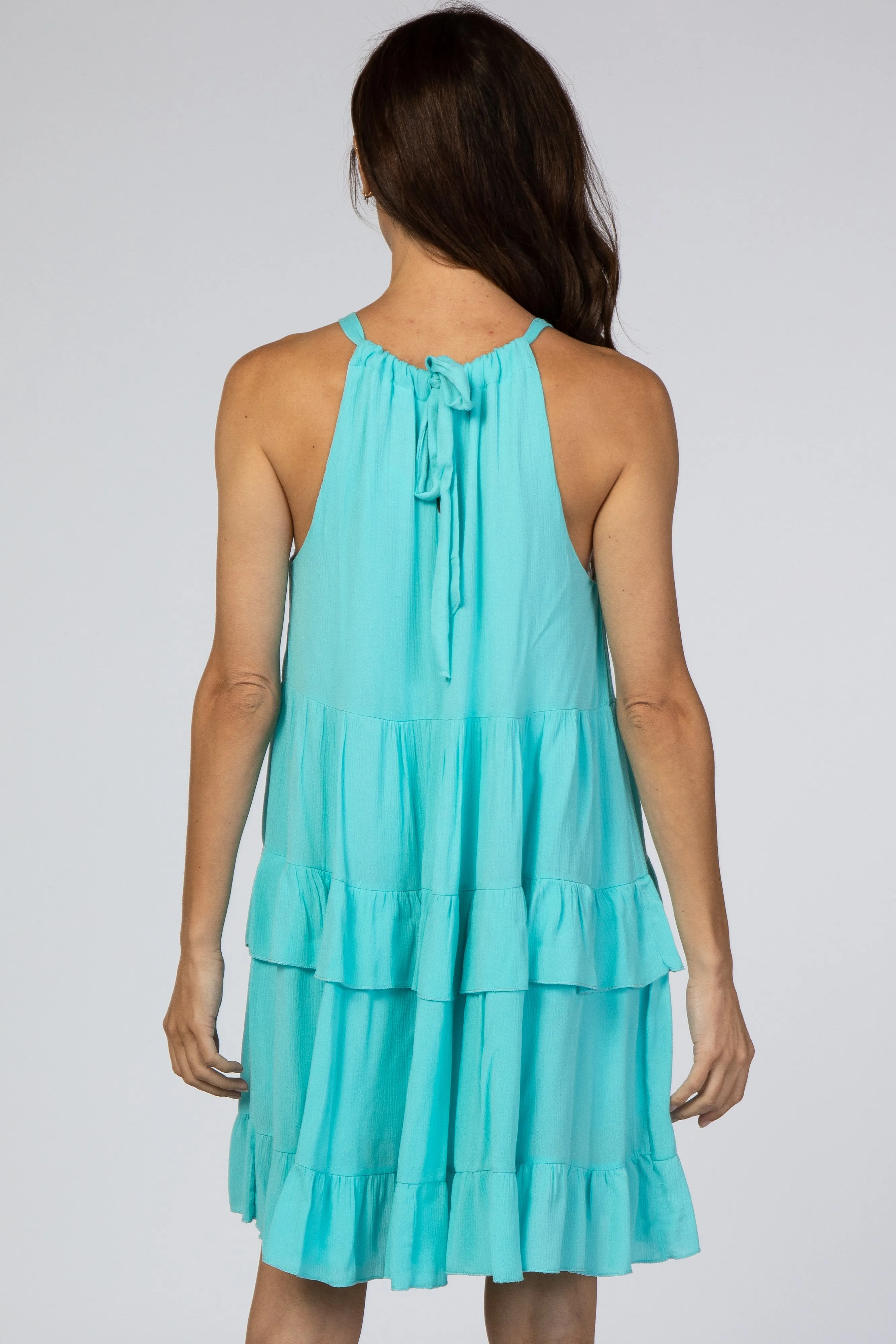 Aqua Halter Neck Tie Tiered Dress