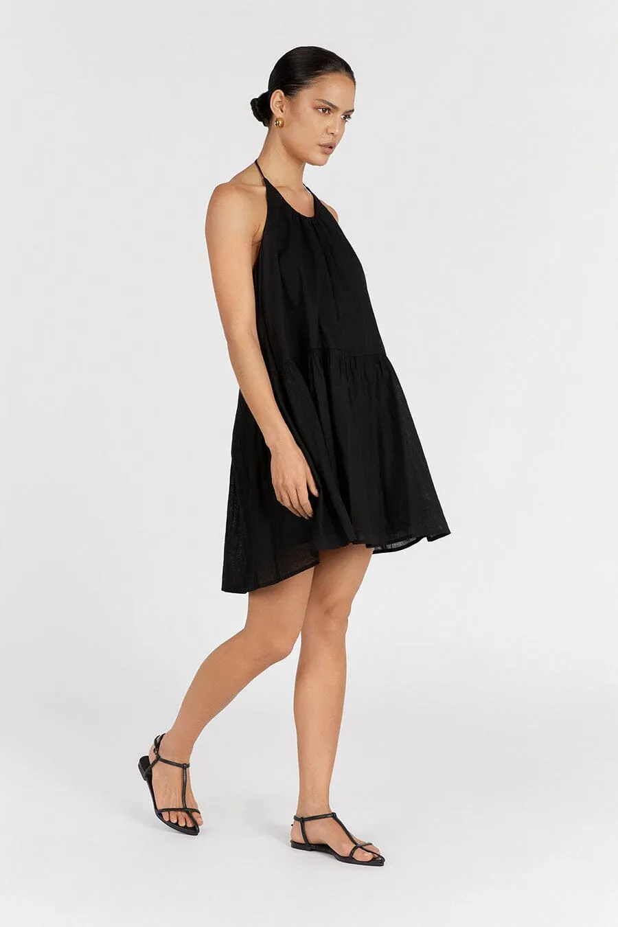 ARI BLACK LINEN HALTER MINI DRESS