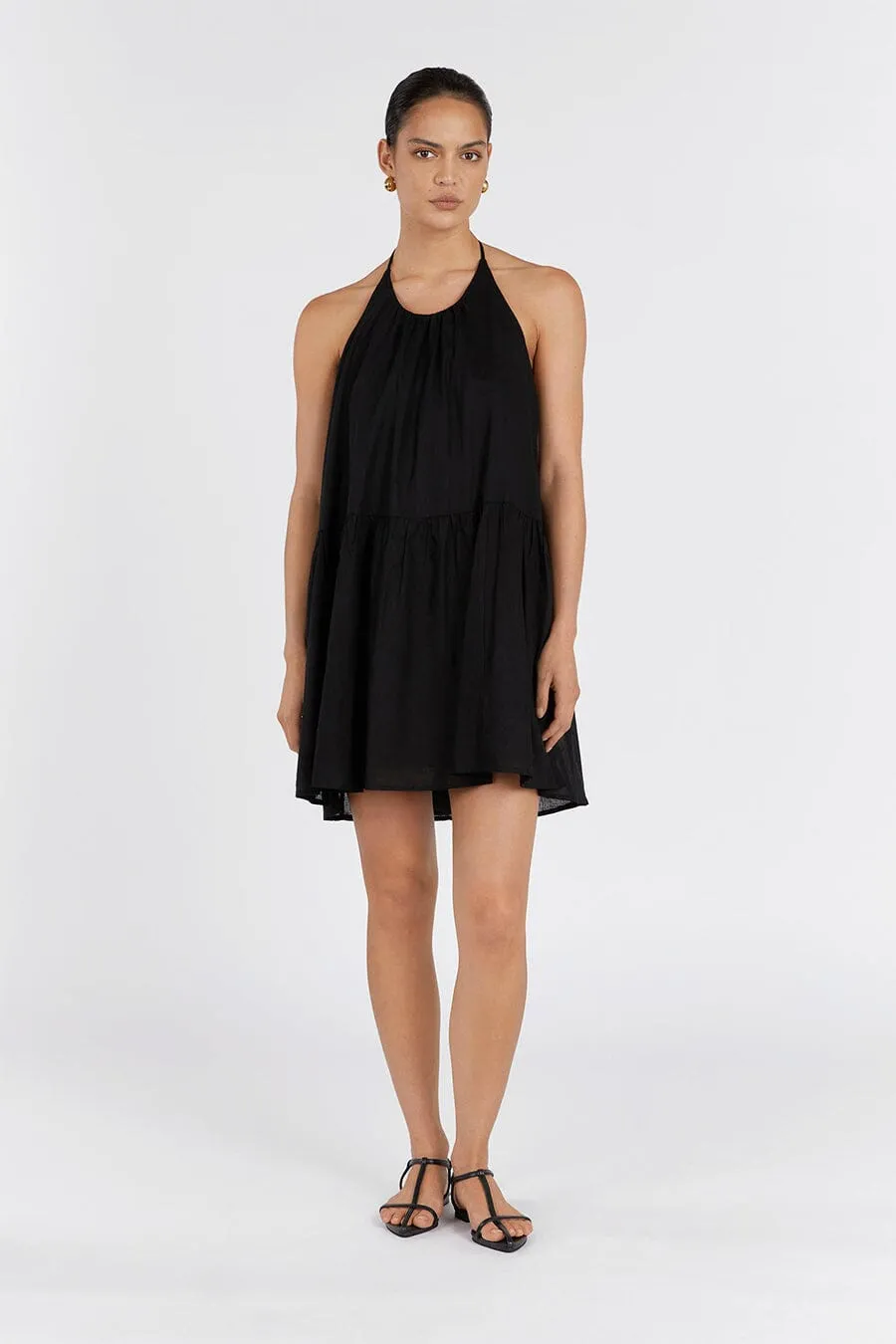 ARI BLACK LINEN HALTER MINI DRESS