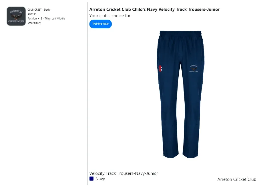 Arreton Cricket Club Child's Navy Velocity Track Trousers-Junior