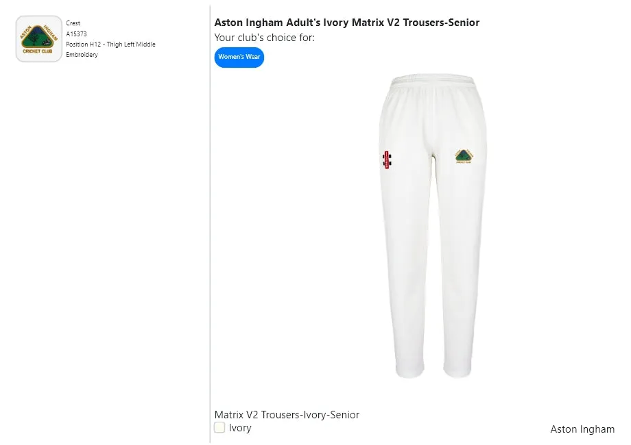 Aston Ingham  Adult's Ivory Matrix V2 Trousers-Senior