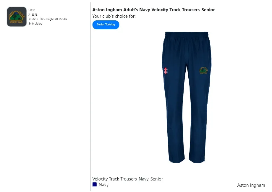 Aston Ingham  Adult's Navy Velocity Track Trousers-Senior