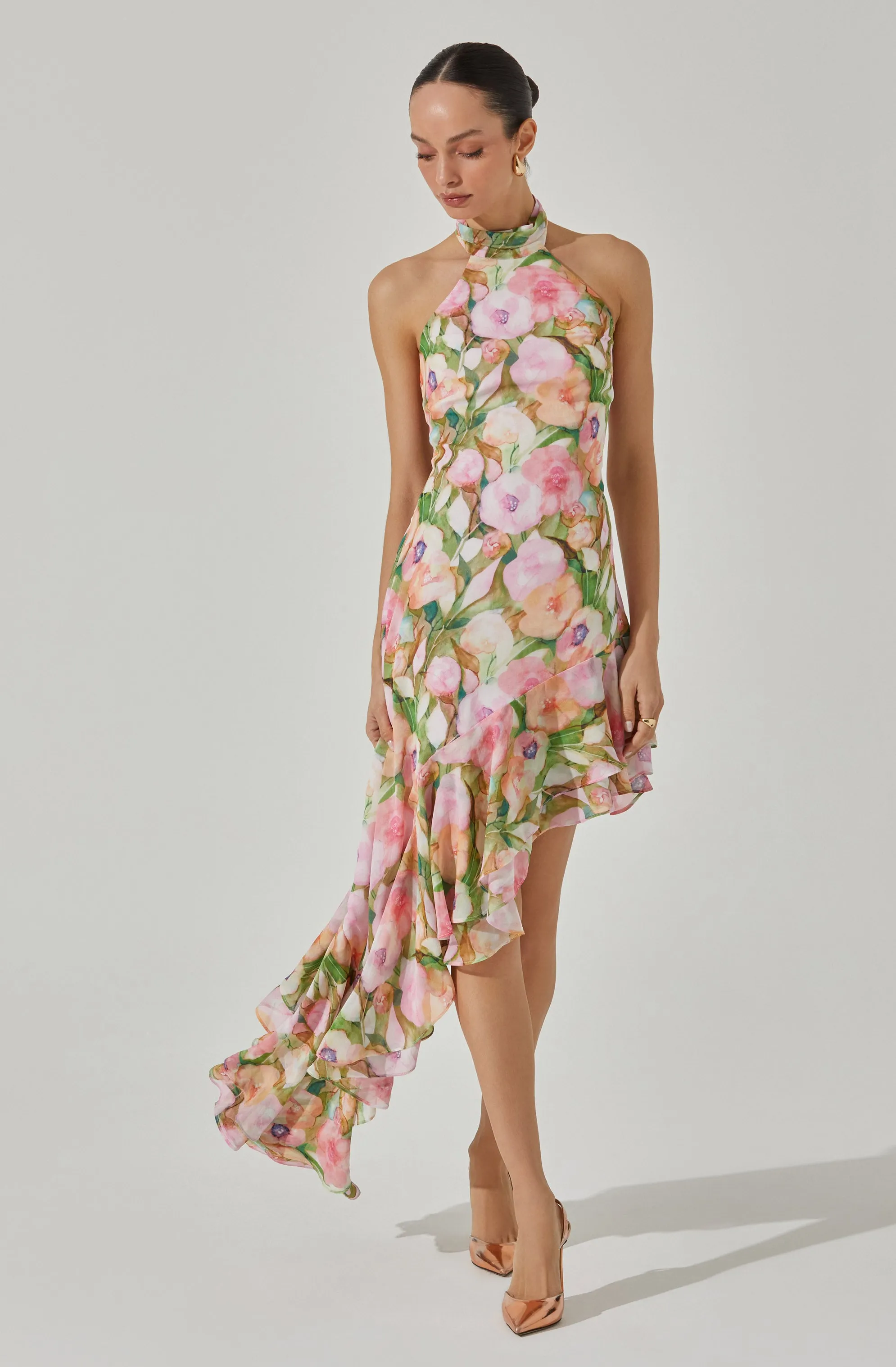 Asymmetric Floral Halter Midi Dress