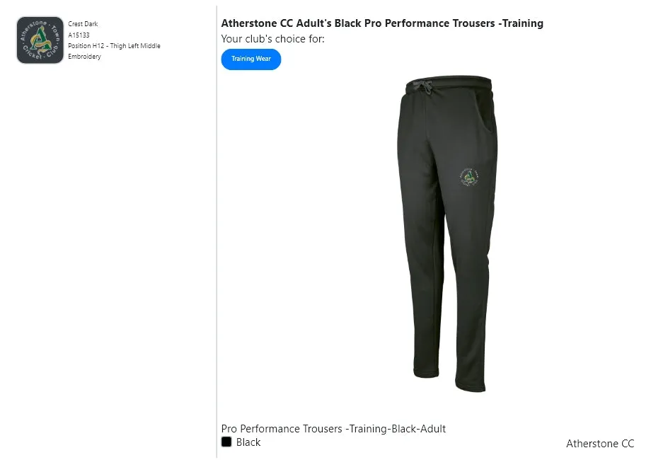 Atherstone CC Adult's Black Pro Performance Trousers -Training