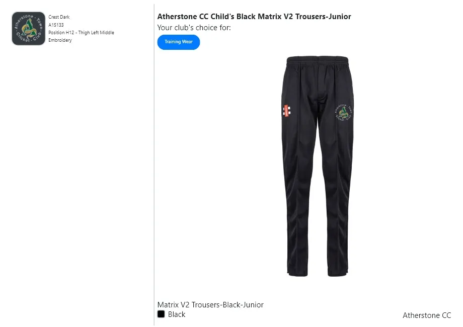 Atherstone CC Child's Black Matrix V2 Trousers-Junior