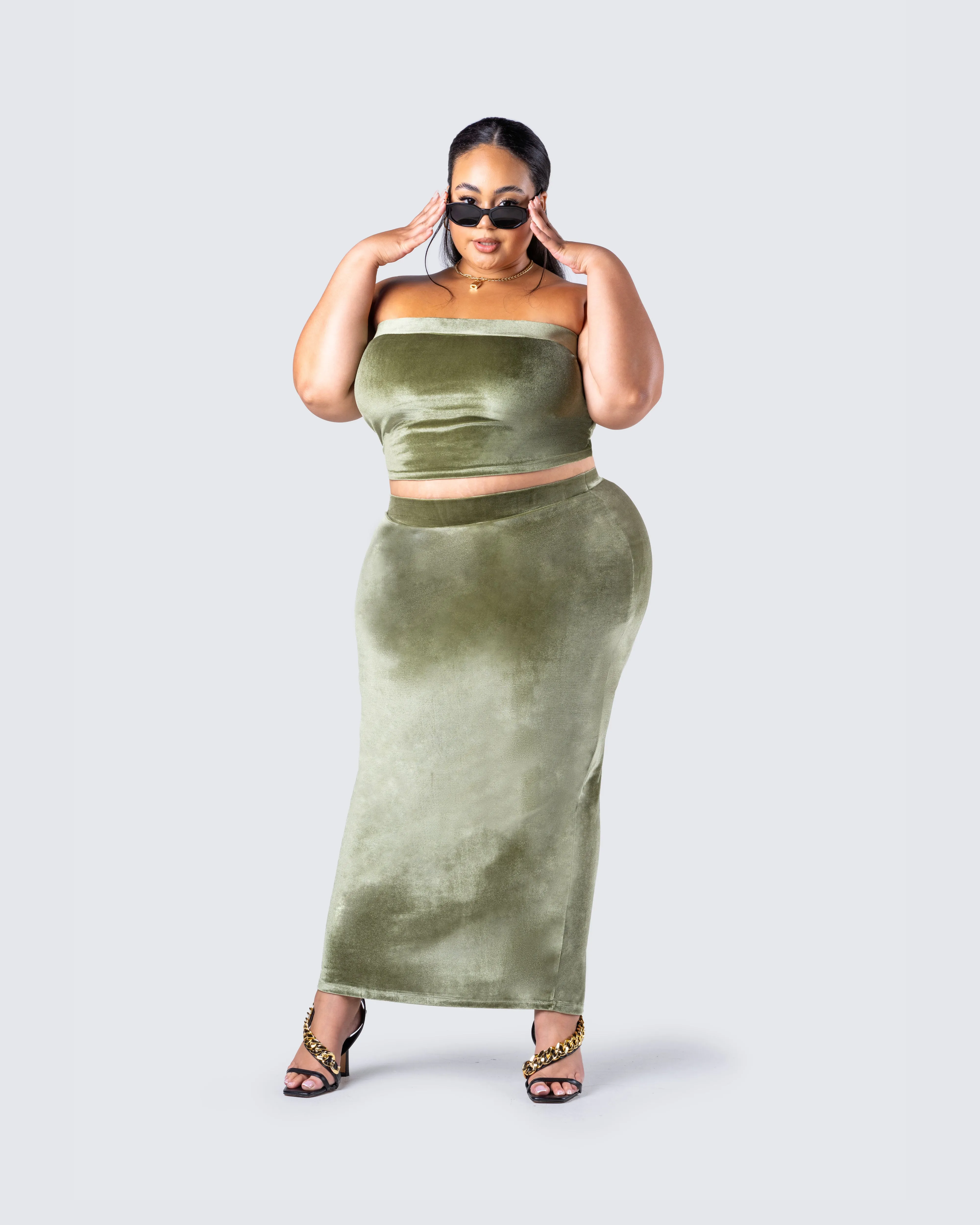 Ayla Olive Green Velvet Maxi Skirt