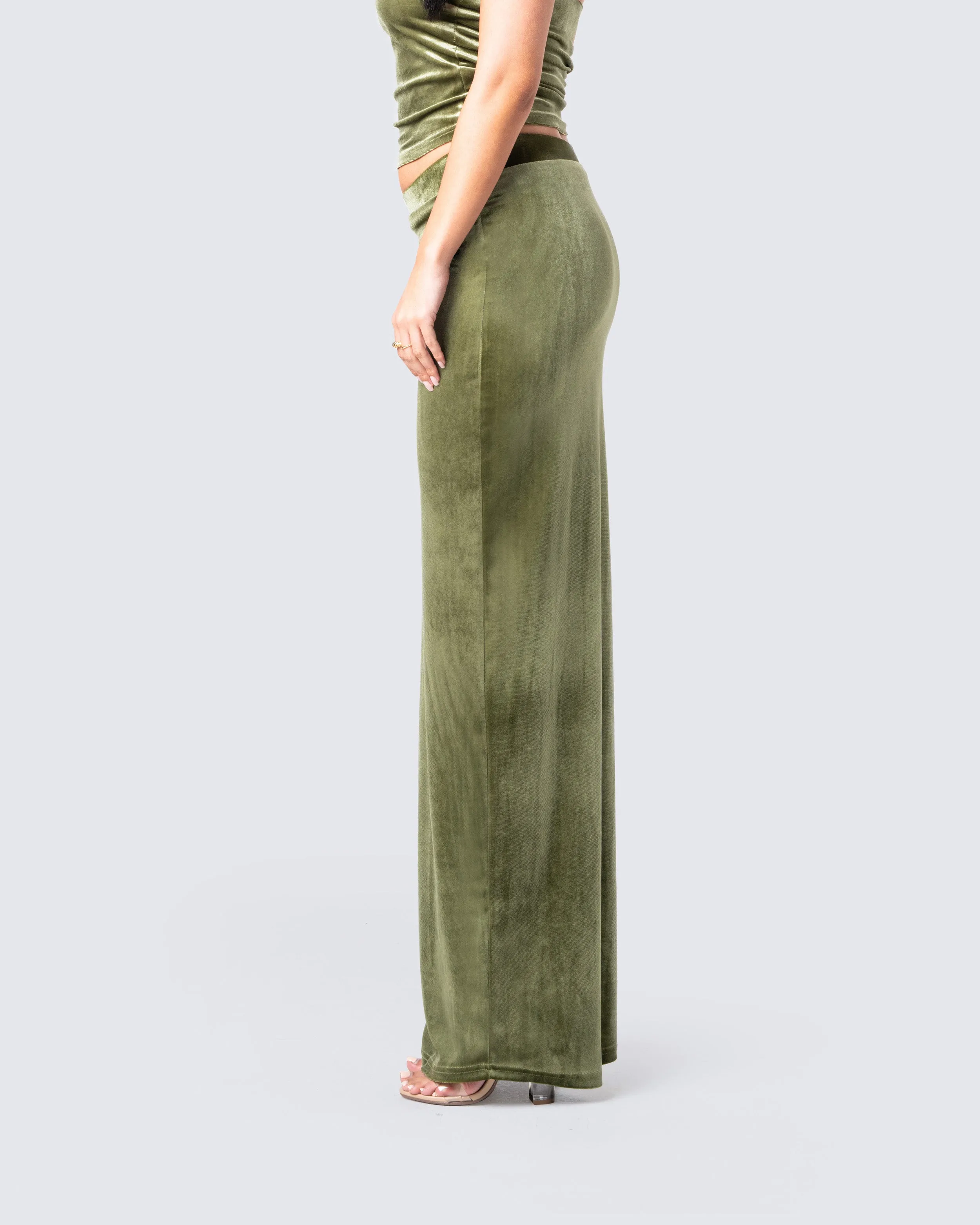 Ayla Olive Green Velvet Maxi Skirt