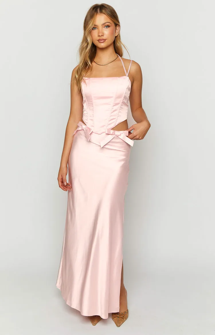 Azriel Pink Satin Bow Maxi Skirt