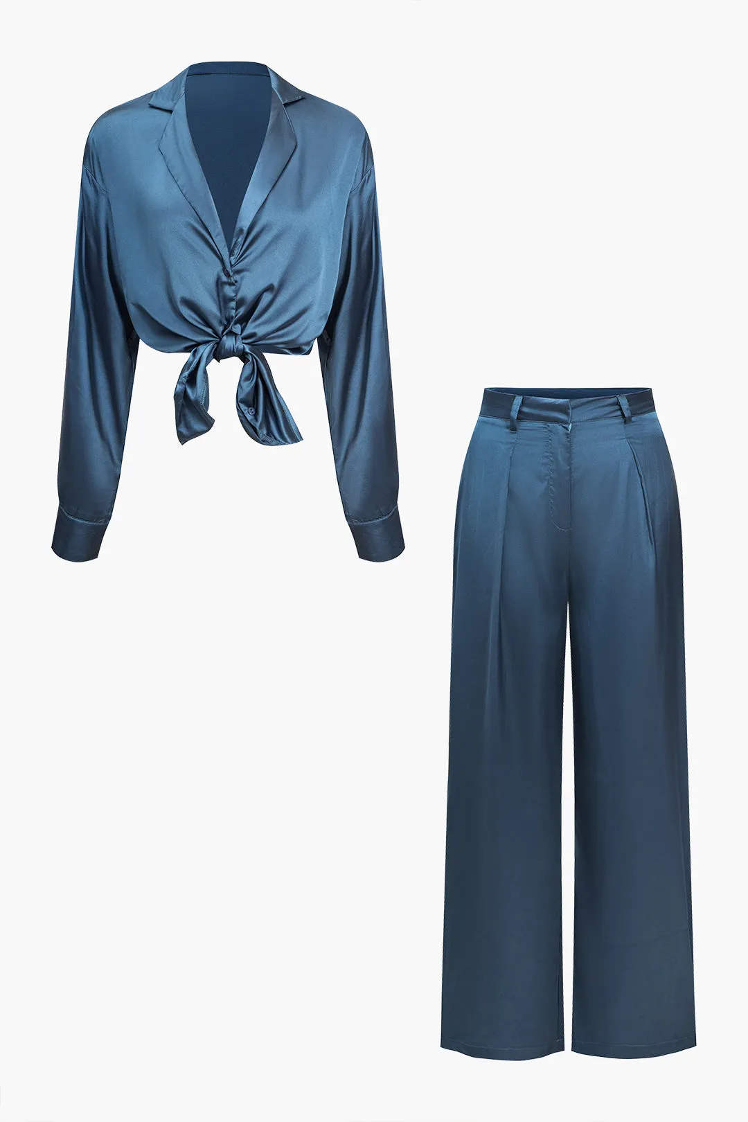 Basic Solid Satin Shirt And Trousers Set