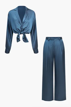 Basic Solid Satin Shirt And Trousers Set