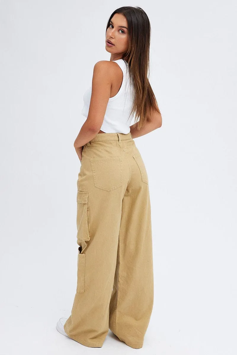 Beige Cargo Jeans Wide Leg Mid Rise