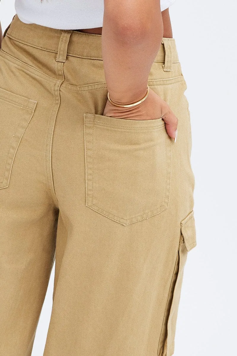 Beige Cargo Jeans Wide Leg Mid Rise