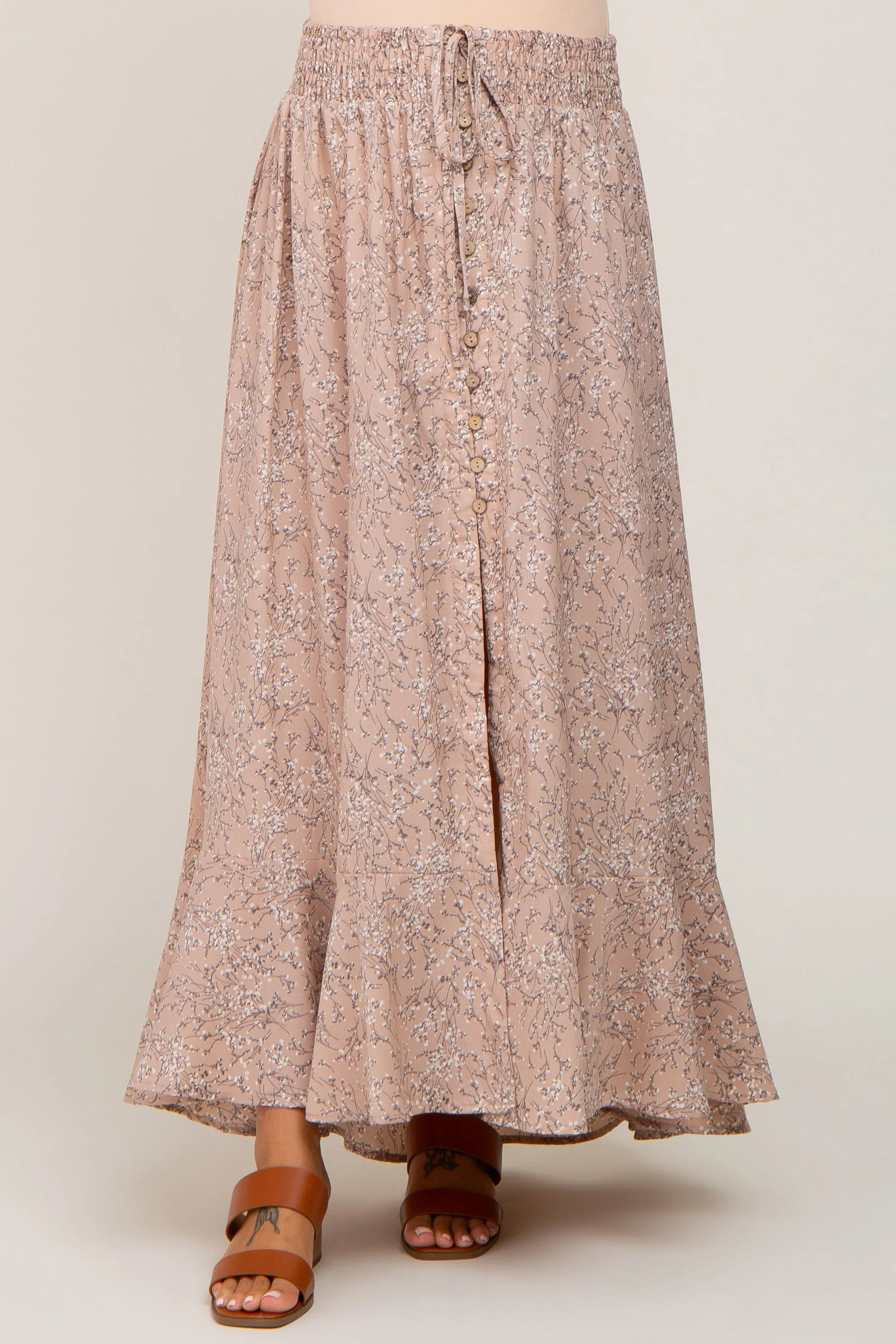 Beige Floral Button Front Smocked Waist Maternity Maxi Skirt