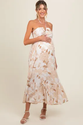 Beige Floral Ruched Front Halter Maternity Midi Dress