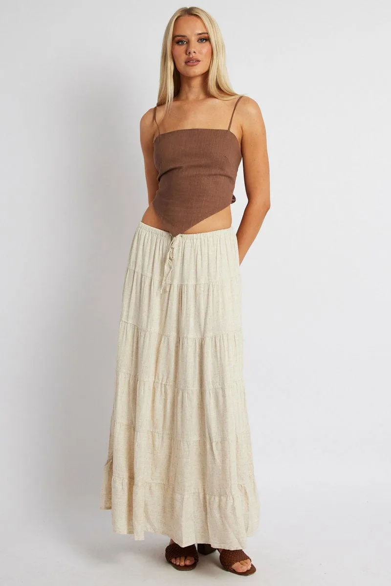 Beige Maxi Skirt Tiered High Rise Linen Blend