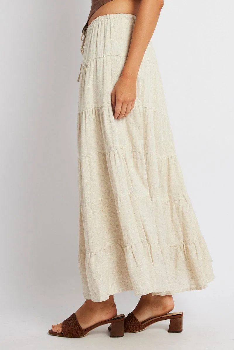 Beige Maxi Skirt Tiered High Rise Linen Blend