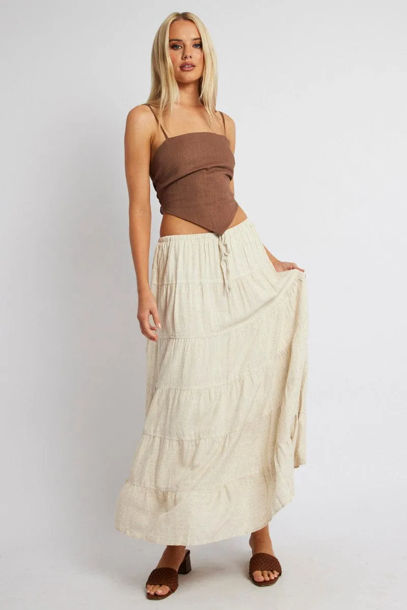 Beige Maxi Skirt Tiered High Rise Linen Blend