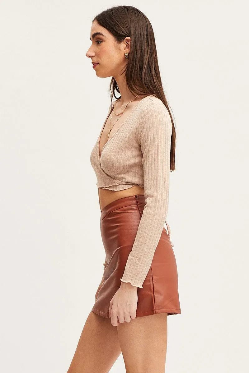 Beige Mini Skirt High Rise Faux Leather