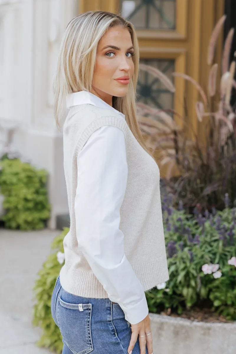 Beige Sweater Vest Dress Shirt