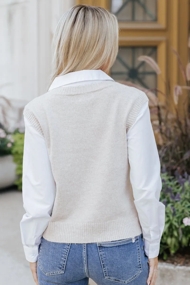 Beige Sweater Vest Dress Shirt