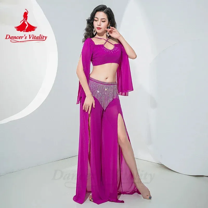 Belly Dance Costume for Women Long Sleeves Top AB Stones Tassel Pants Oriental Practice Clothing Adult Belly Dancing Outfit