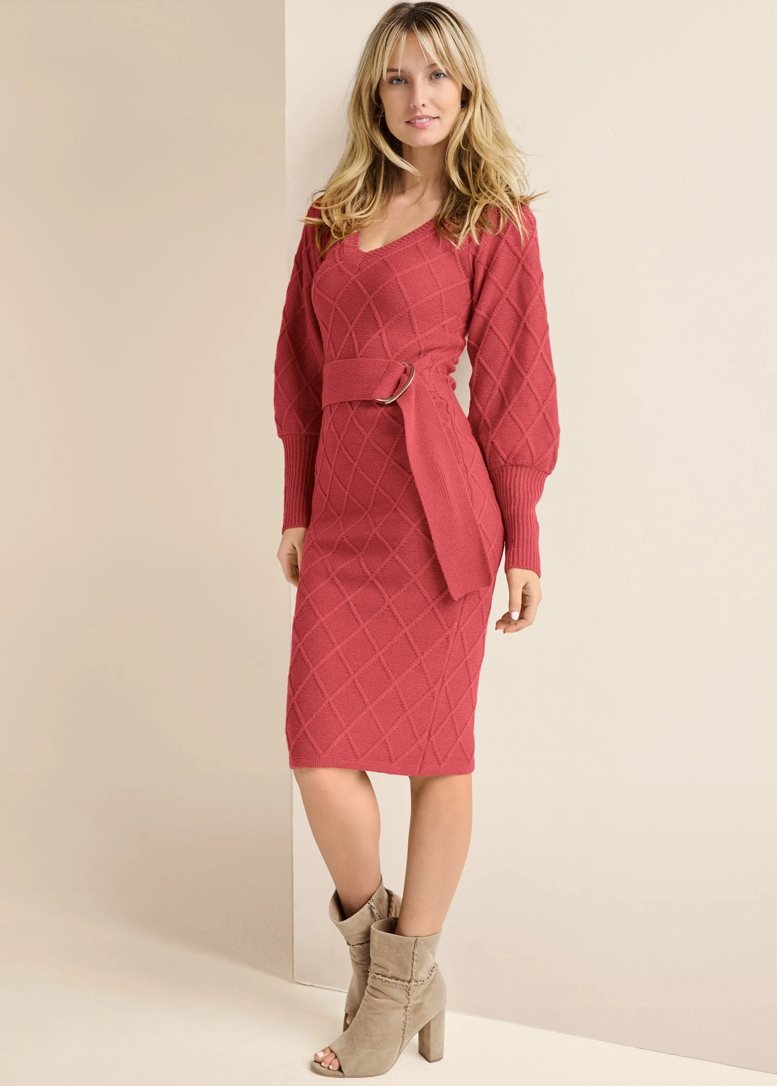 Belted Midi Sweater Dress  - Red