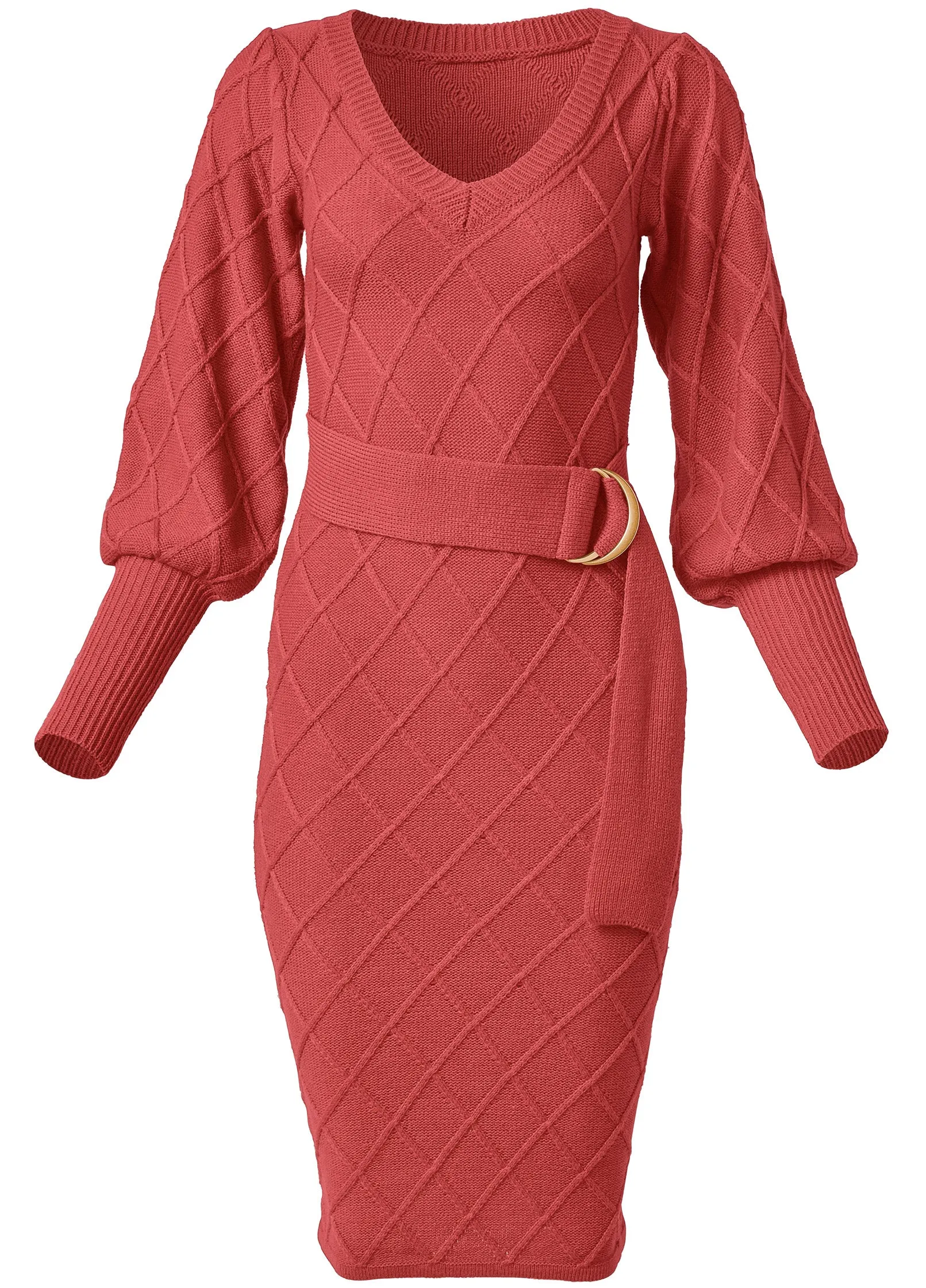 Belted Midi Sweater Dress  - Red