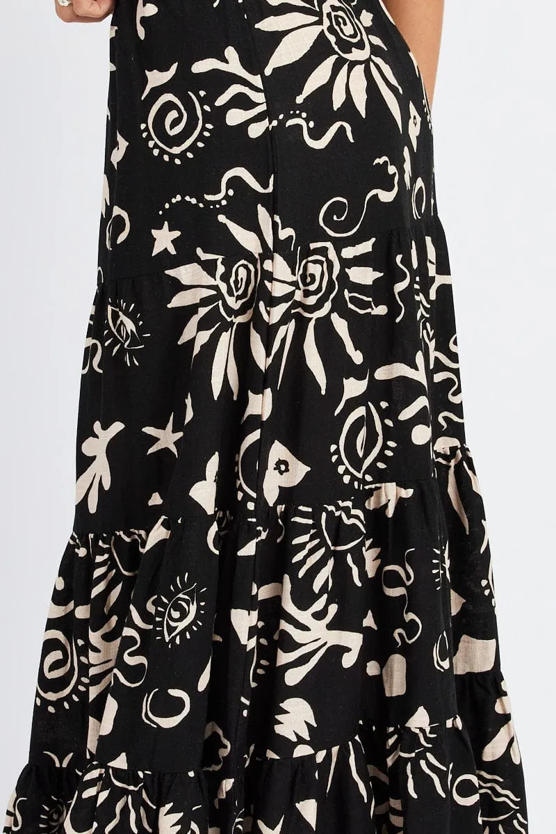 Black Abstract Maxi Skirt High Rise Linen Blend