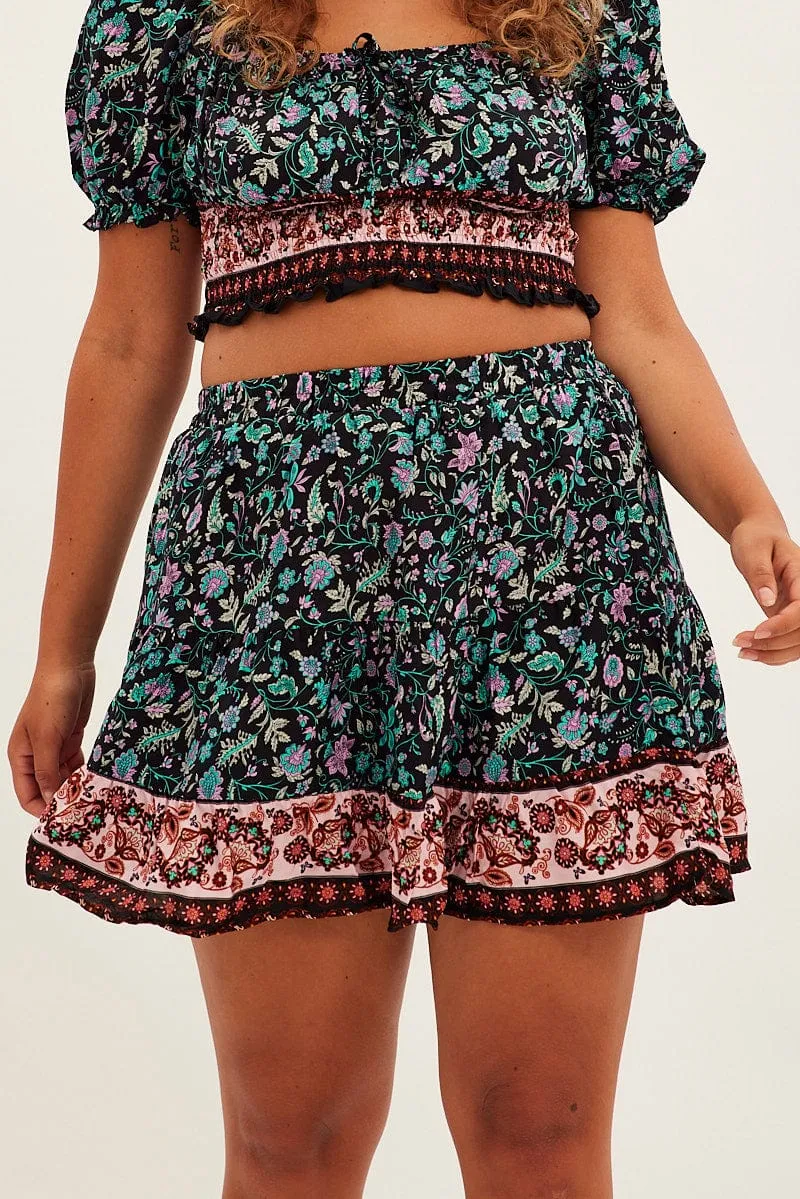 Black Boho Mini Skirt High Waist Tiered