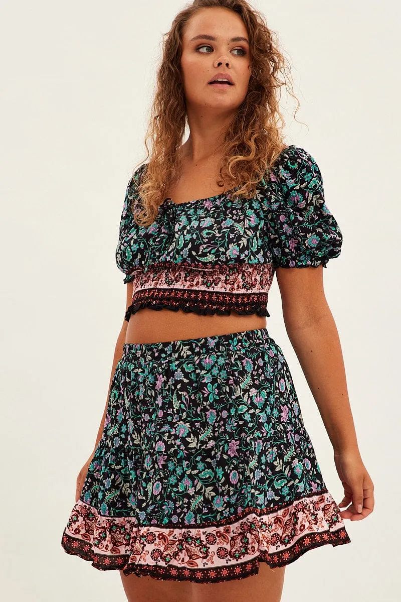 Black Boho Mini Skirt High Waist Tiered